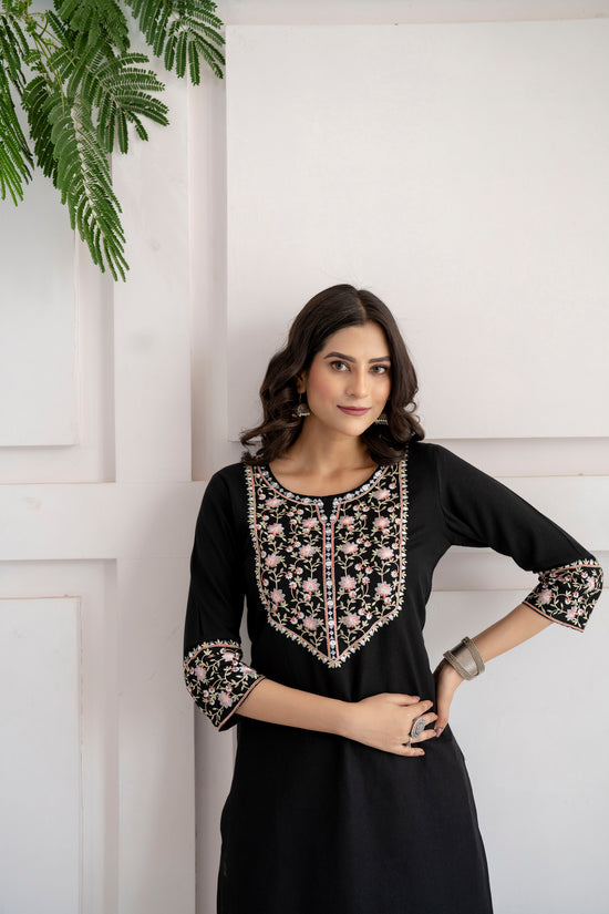 Steel Blue Cotton Flex Kurta with Embroidered Salwar